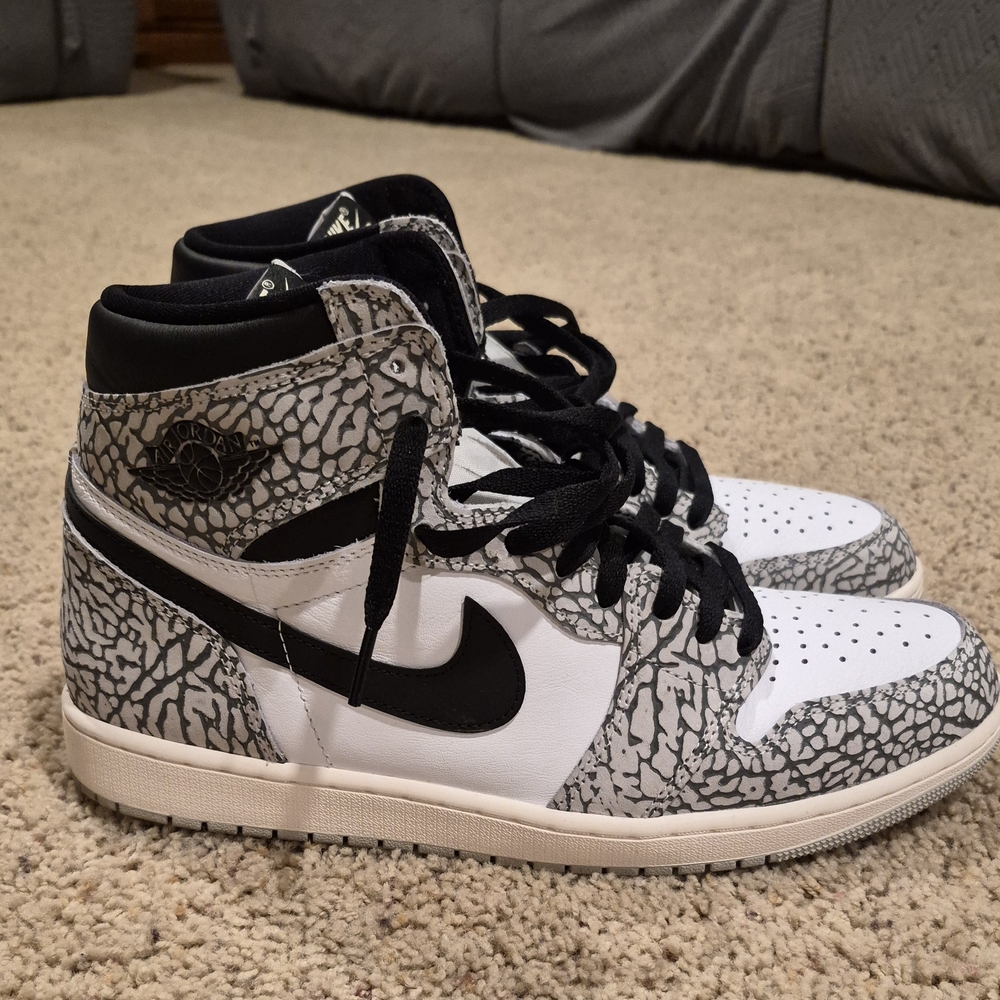 Jordan Men’s High Top Sneakers in White, Black, Gray Elephant Print - Picture 2 of 5